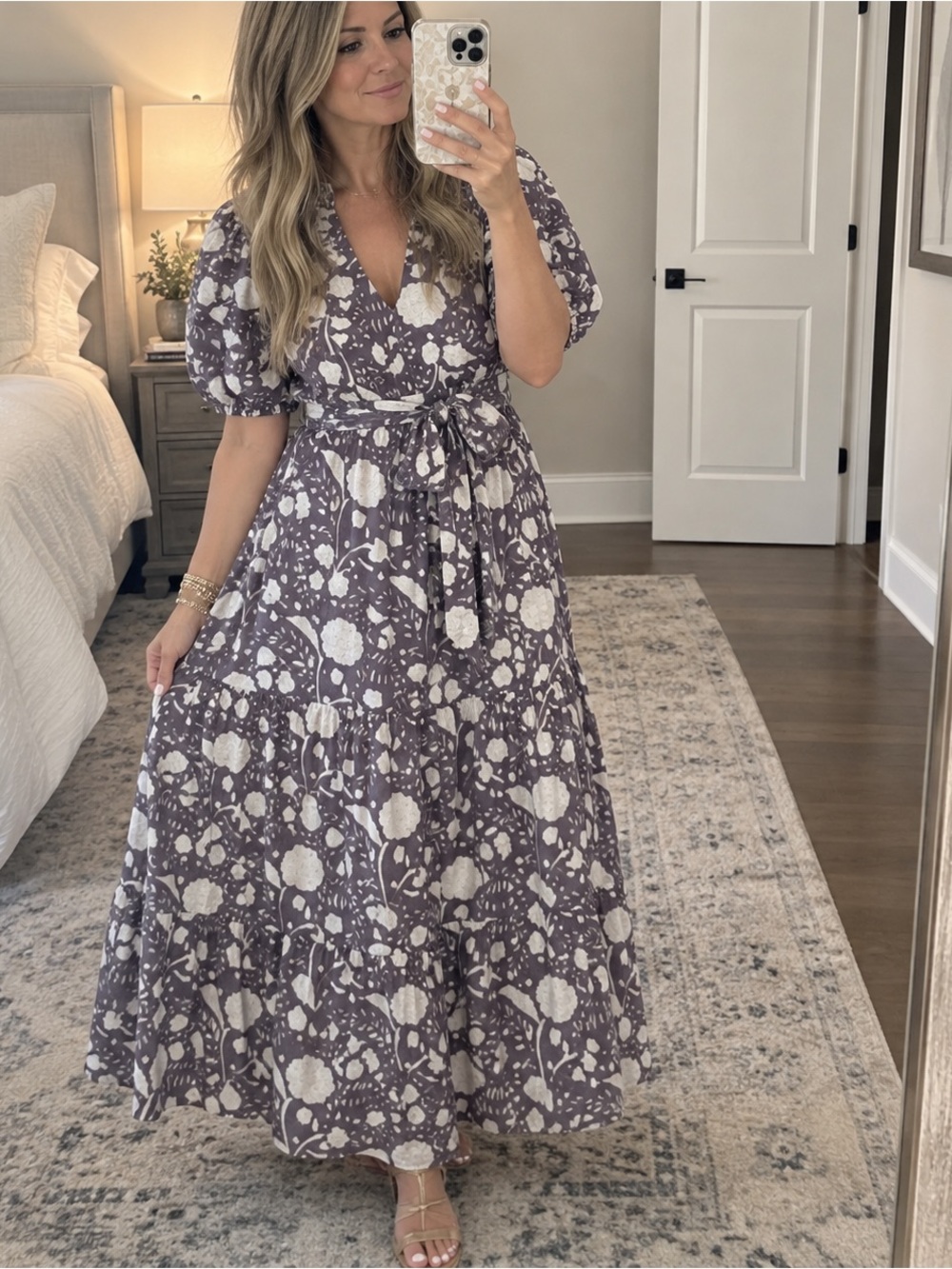 Oliphant Puff Sleeve Tiered Floral‎ Maxi Dress Mulberry Slate Gray Purple Size M